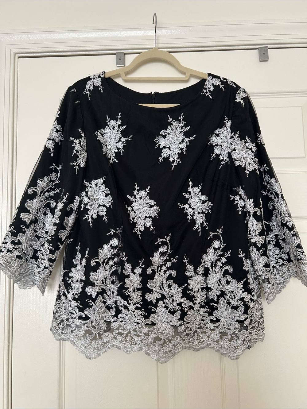 Alex Evenings Embroidered Black Top with White Lace